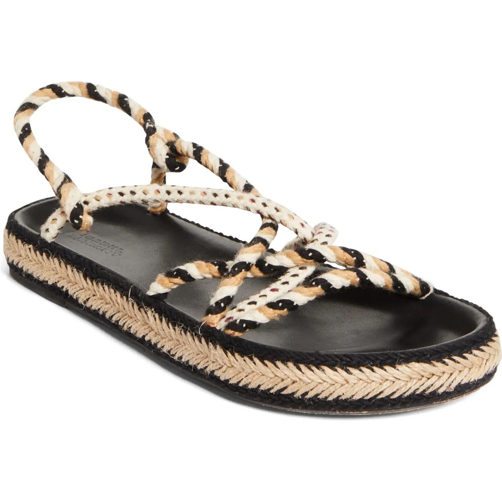 Isabel Marant Black Footbed Sandal with Braided Cream and Tan Rope Straps